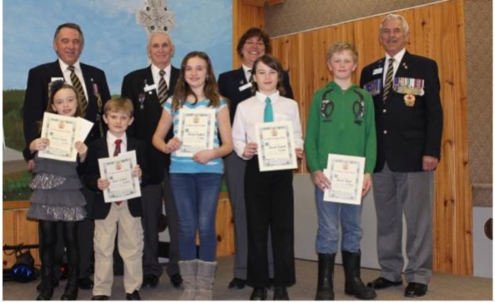  Back row, left-right, Zone G6 Commander, Dave Cormier, 1st Vice President, Gerry Schroeder, Youth Education Chair, Jane Torrance, District G Deputy Chairman, Joe LeBlanc. Front row, left -  right, Camryn Charles, Jack Lockhart, Shelby Crawford, Sean Ireland, Parker Deugo. Missing: Christina Reid.