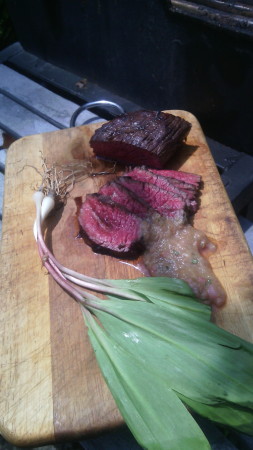 Flank Steak with Rhubarb and Wild Garlic Coulis