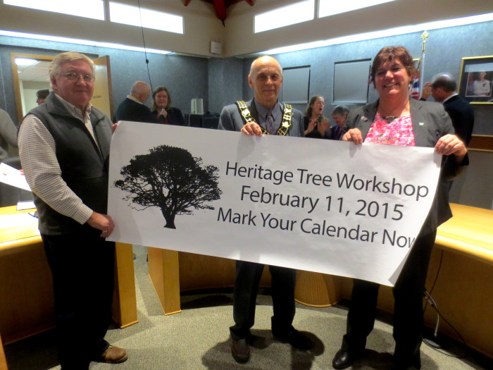 left to right: Ron Ayling, Chair, Mississippi Mills Tree Committee; Shaun McLaughlin, Mayor; Jane Torrance, Councillor, Almonte Ward.  Photo by Tiffany MacLaren.