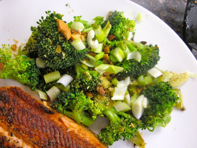 roasted and charred broccoli with nuts